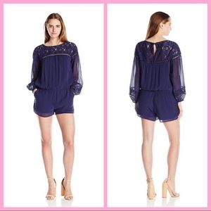 JOIE | Navy Silk & Lace Long-Sleeve Romper